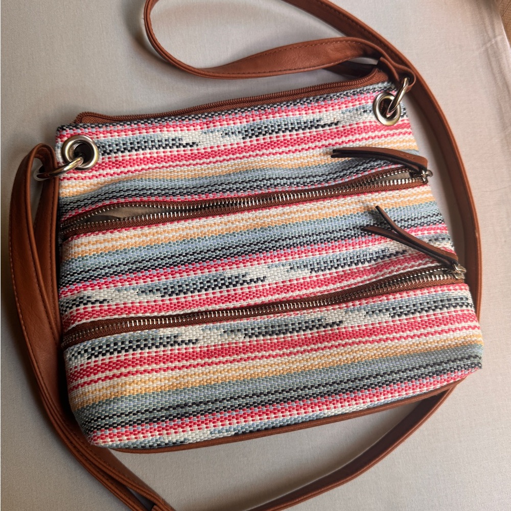 Striped Multicolor Crossbody Bag with Brown Trim